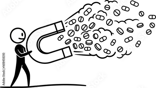 Stick figure attracting pills with magnet concept for medicine and healthcare industry vector