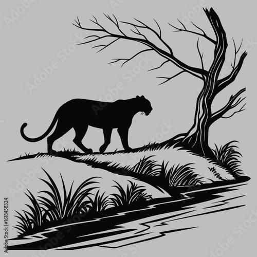 Leopard walking along riverbank silhouette vector design art and illustration