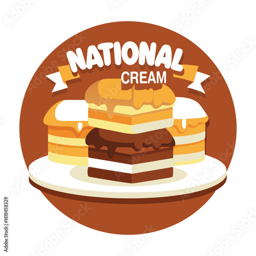 A festive and delicious graphic celebrating national cream puff day featuring three stacked cream puffs with a decadent chocolate cream filling and a caramel topping