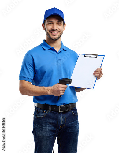 Friendly delivery worker in blue uniform with barcode scanner and clipboard