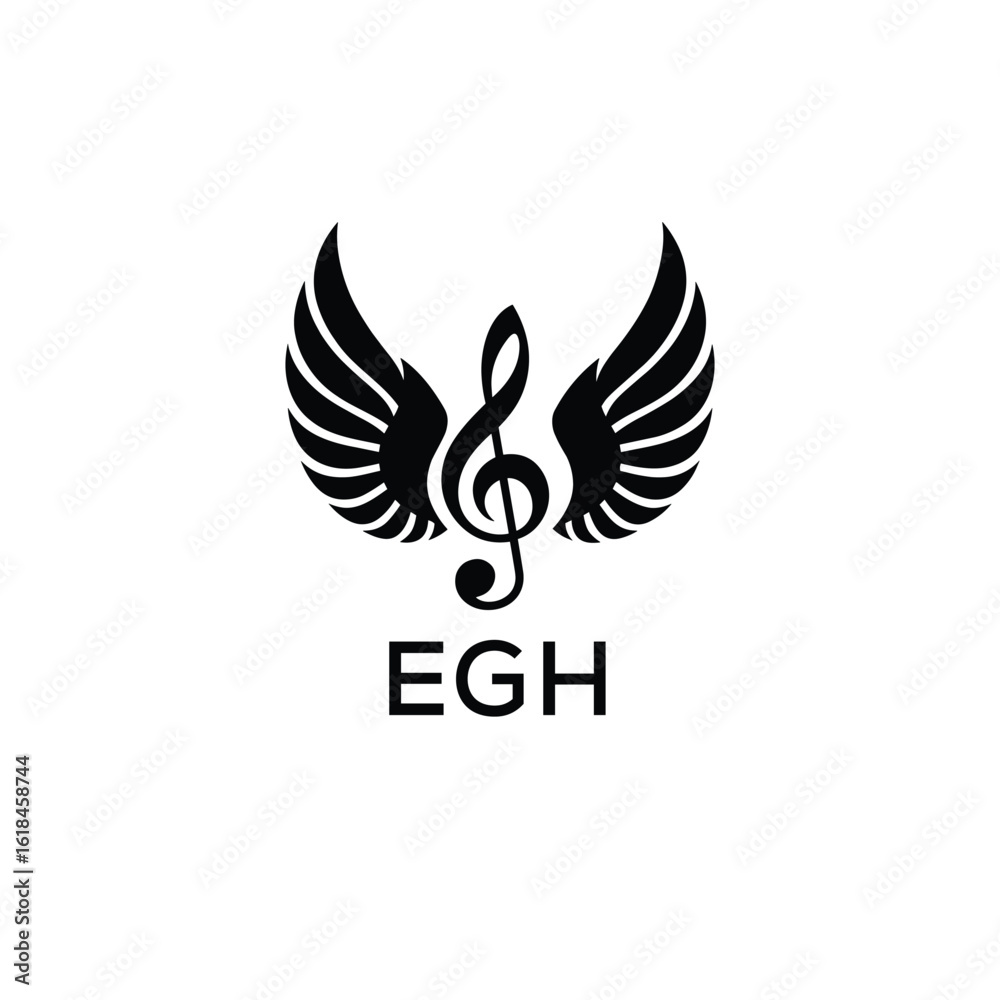 Fototapeta premium Creative Music Logo with Treble Clef and Wings –EGH Musical Brand Identity Design. EGH Letter Logo. 