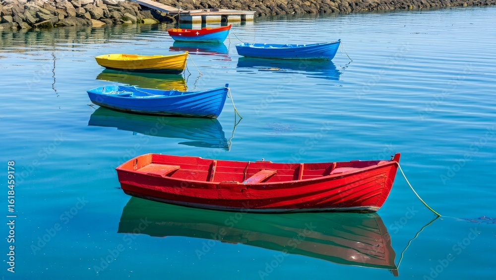 Obraz premium Colorful rowboats floating on calm blue water in a harbor