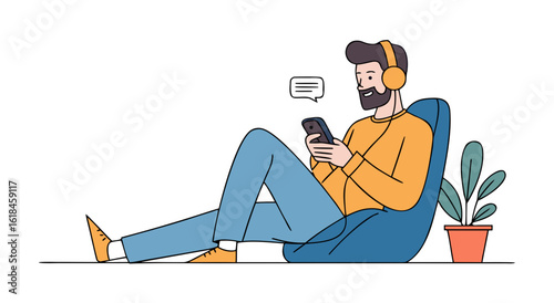 Modern man relaxing on beanbag chair listening to music and using mobile phone illustration