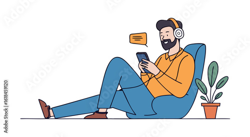 Modern man relaxing on beanbag chair listening to music and using mobile phone illustration