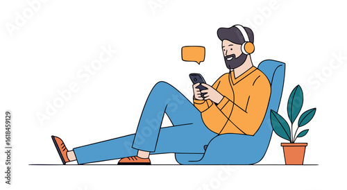 Modern man relaxing on beanbag chair listening to music and using mobile phone illustration
