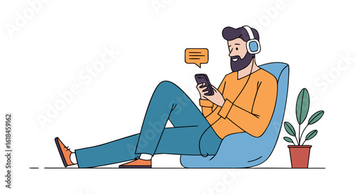 Modern man relaxing on beanbag chair listening to music and using mobile phone illustration