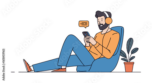 Modern man relaxing on beanbag chair listening to music and using mobile phone illustration