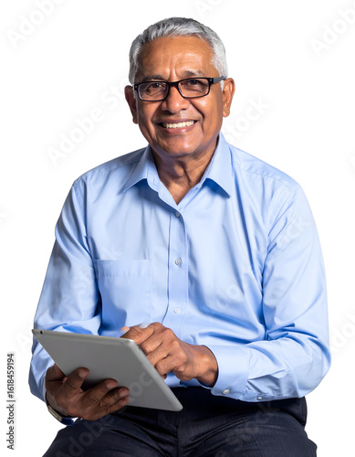 Portrait of a smiling senior man holding a modern tablet