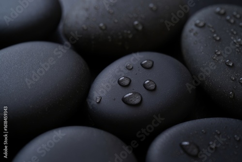 Close up of dark wet stones with water droplets