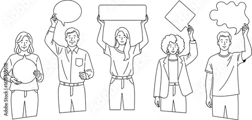 Diverse group holding speech bubbles and blank signs vector illustration concept art vector