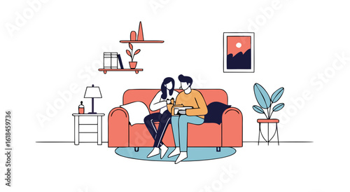 Cozy couple enjoying relaxing time together on sofa with devices indoors