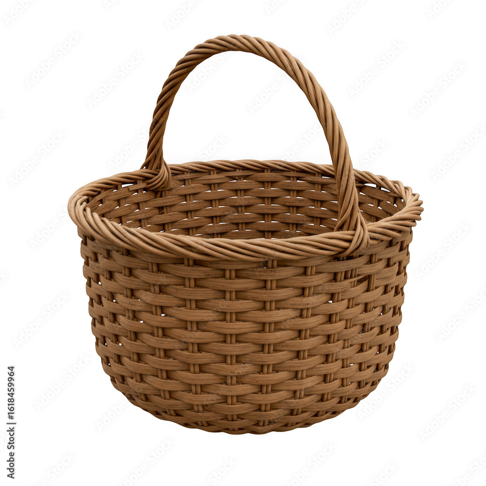 Obraz premium A rustic woven willow basket with a twisted handle isolated on transparent background