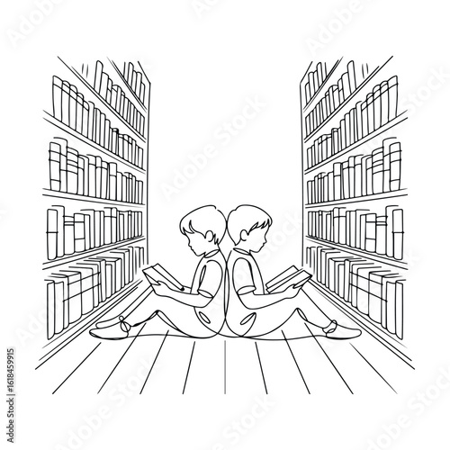 Intricate Line Art of Two Children Immersed in Reading Amidst Tall Library Bookshelves — Ideal for Educational, Reading, and Literary