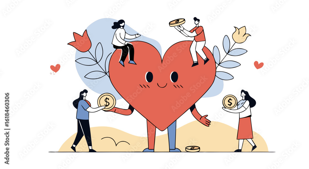 Fototapeta premium People help donate money and support a big heart illustration for charity and compassion
