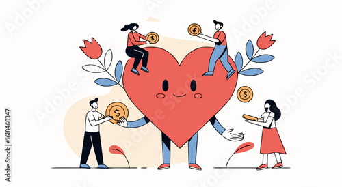 People help donate money and support a big heart illustration for charity and compassion