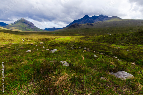 The peaks of Sgurr nan Gillean (965m, centre), Am Basteir (935m) and Basteir Tooth (915m) in the Cuillen ( Cullin ) on the Isle of Skye, Scotland, UK