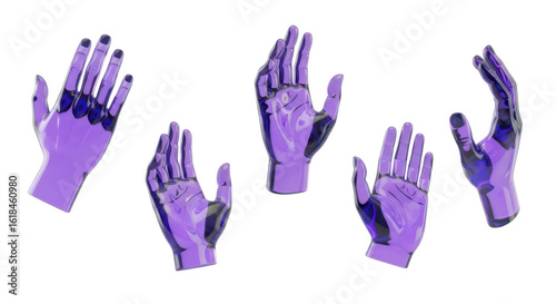 Purple transparent hands floating on white representing technology connection and future concepts