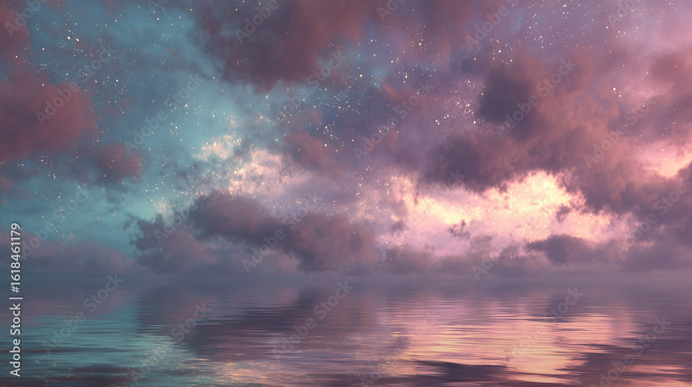 Fototapeta premium Soft nebula-like sky over water, ethereal glow, reflective surface, fantasy tone