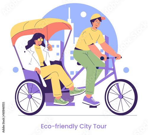 Eco-friendly City Tour on a Bicycle Rickshaw Vector