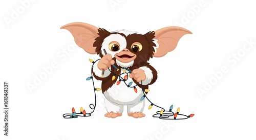 Gizmo Decorating with Christmas Lights - Festive Illustration
