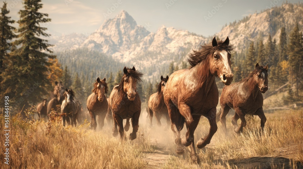 Naklejka premium Wild horses galloping in a mountain valley