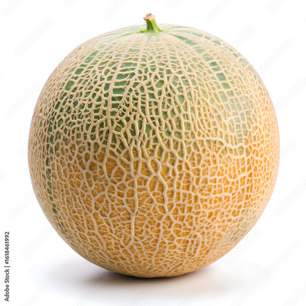 A whole cantaloupe melon with a textured rind, isolated on a white background, showcasing its natural beauty and freshness A whole cantaloupe melon with a textured rind, isolated on a white background, showcasing its natural beauty and freshness
