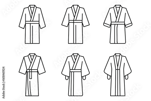 Six black and white kimono illustrations robe traditional clothing