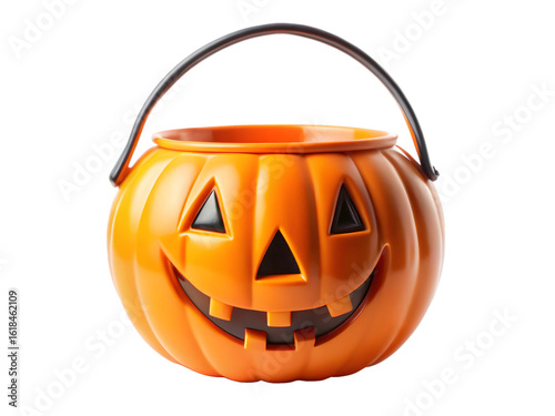 3d icon of a carved pumpkin jackolantern bucket with a handle, isolated on transparent background