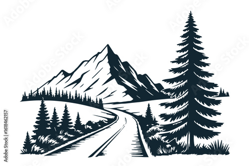 scenic mountain landscape with pine forest and winding road vector illustration