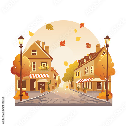 Cozy Autumn City Street Falling Leaves