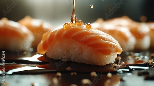 A close-up of sushi with a drop of soy sauce falling onto it.