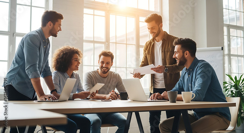 A diverse team of young professionals collaborating on a project in a sunlit modern office meeting.