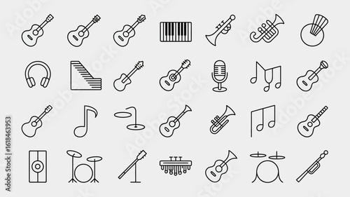 Vector art of collection of musical instruments icons isolated on white background representing music genre