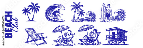 Beach Club Illustration Set - Retro Hand Drawn Beach Scene Icons in Blue Ink