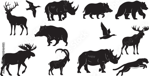 Assortment Of Wild Animal Silhouettes Including Deer Moose Rhinoceros Bear And Leopard