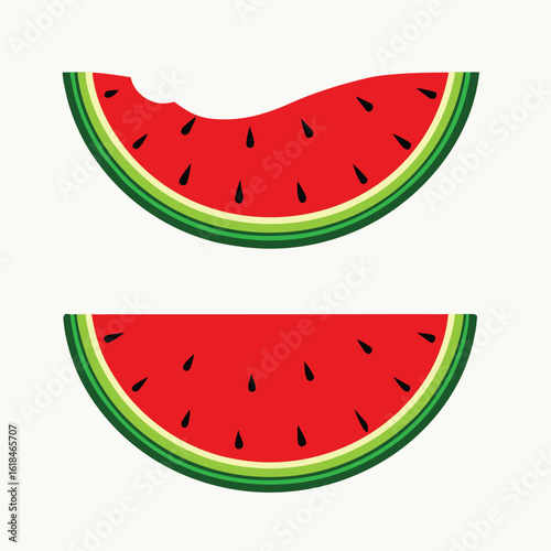 Two slices of juicy red watermelon with black seeds and green rind fruit