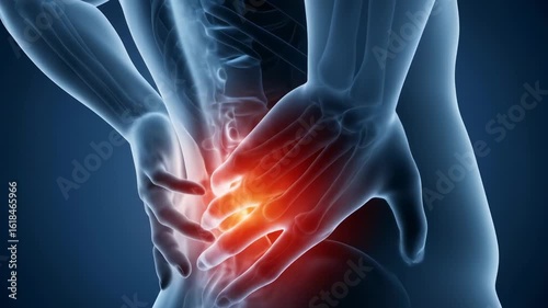 X-ray style visualization of the lower back and hip with bright red inflammation glow, showing spinal discomfort or sciatica symptoms.
