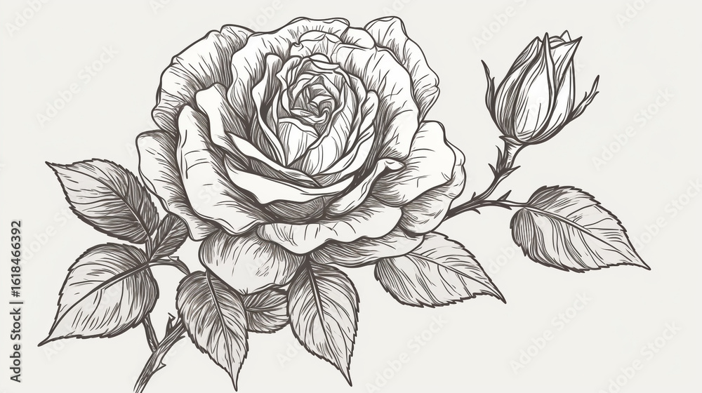 Fototapeta premium A single blooming rose, hand-drawn in fine-line vector style, set against a clean minimal white background, elegant botanical sketch