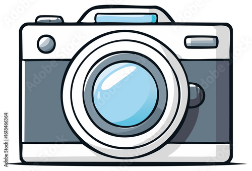 Modern cartoon illustration of a digital camera with a large lens and flash