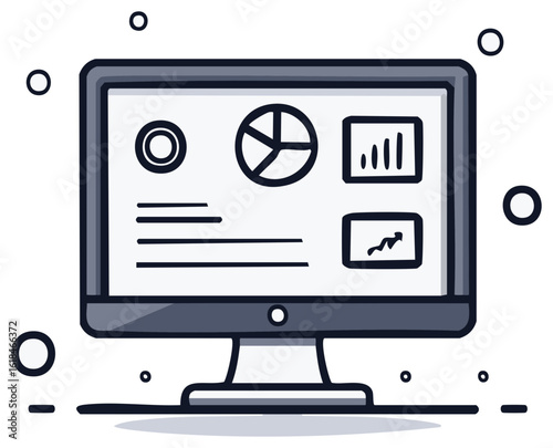 Hand drawn computer screen displaying charts and graphs with data visualization