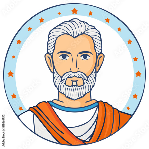 Vector portrait of a classical man with a white beard in a starry circle frame