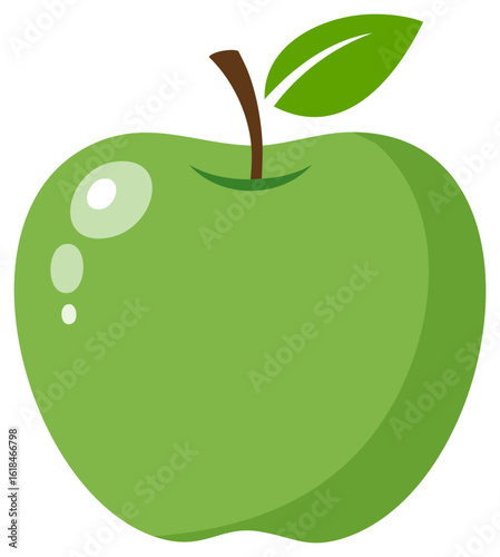 Vibrant Green Apple with Leaf and Stem, Fresh Fruit Illustration