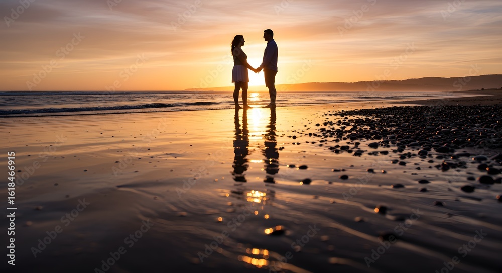 Fototapeta premium A romantic scene of a couple holding hands and walking on a beach at sunset