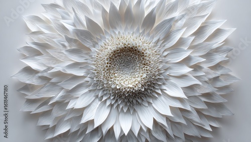 Intricate white paper sculpture resembling a stylized sunflower, composed of numerous layered, sculpted petals creating a three-dimensional, textured effect against a light background