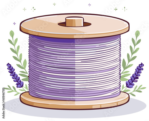 Cute illustration of a wooden spool with purple thread and lavender flowers for crafting