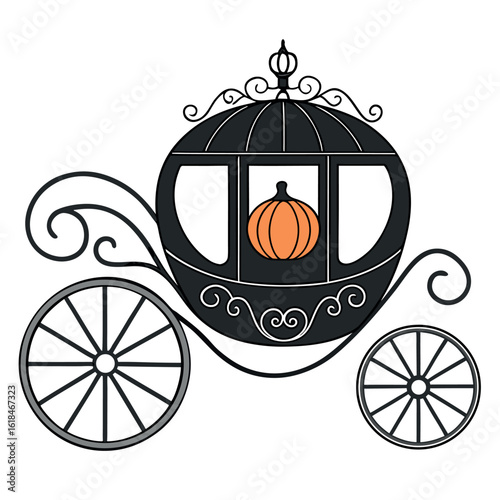 A fancy black carriage holds a solitary orange pumpkin inside against white