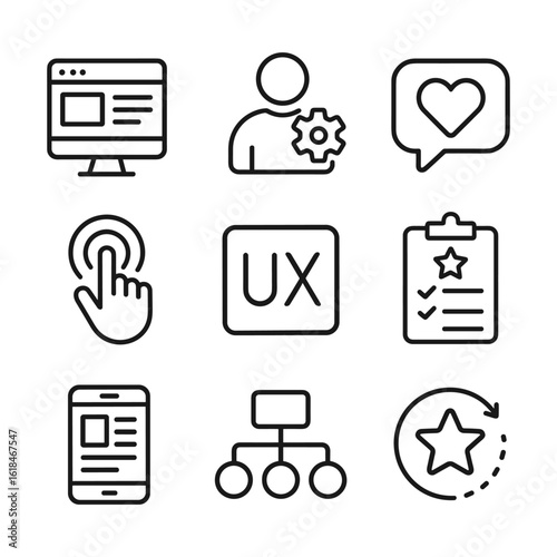 Interface design icons for user experience and navigation. Outline symbols. Line design
