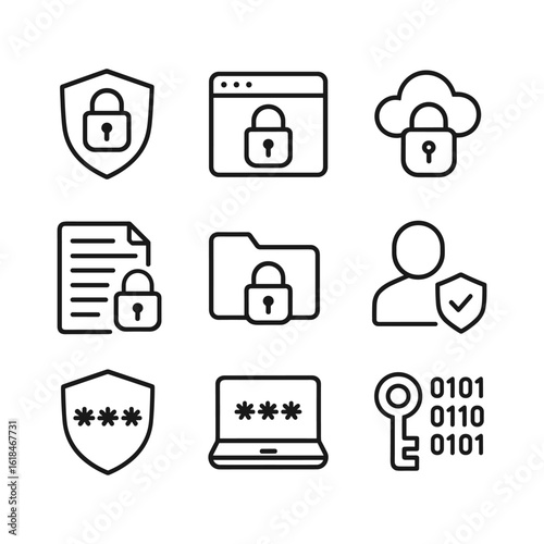 Cybersecurity data protection vector icons. Outline symbols. Line design