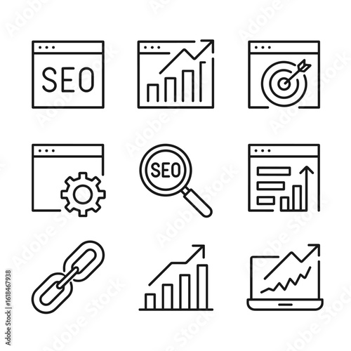 Website optimization and analytics icons. Outline symbols. Line design