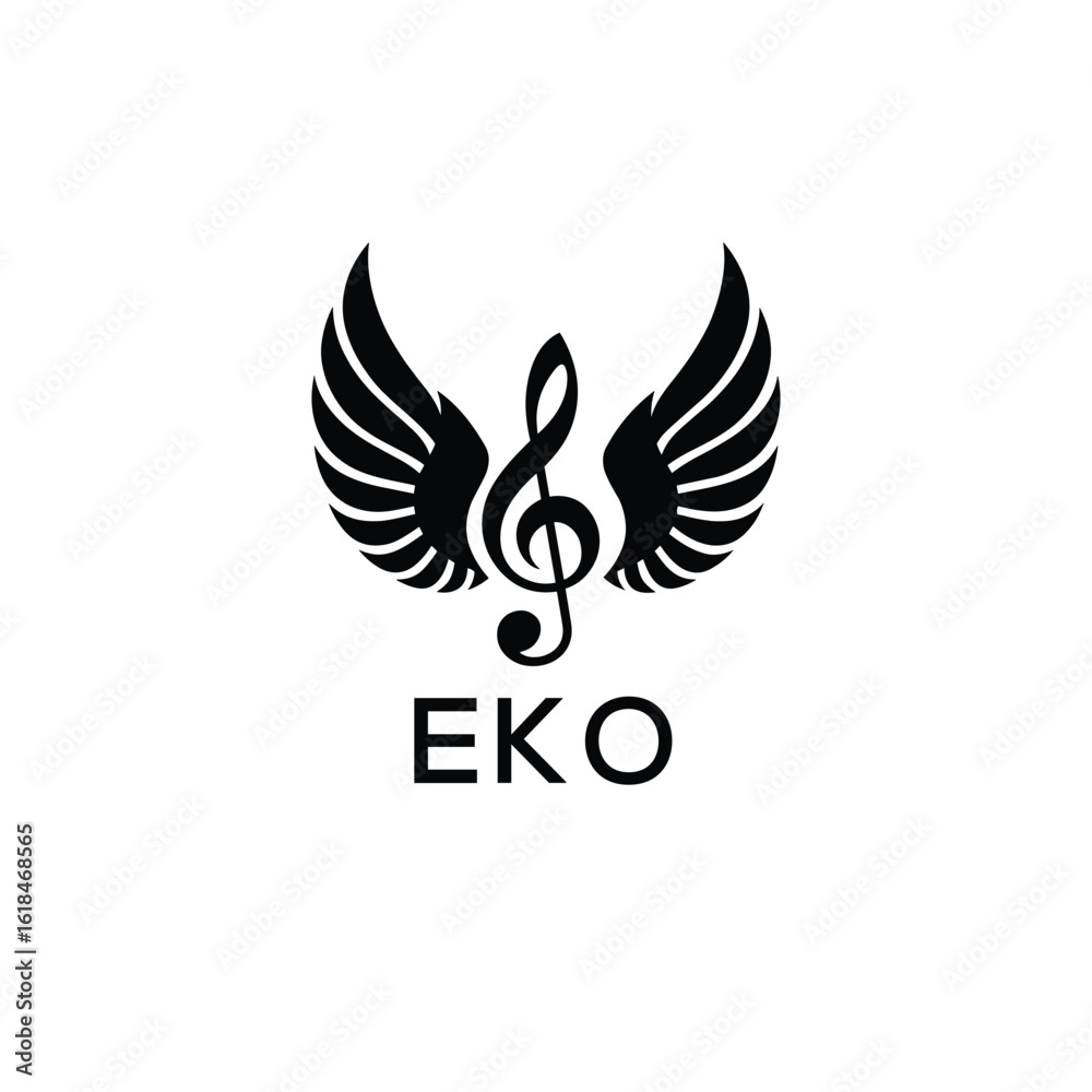 Obraz premium Creative Music Logo with Treble Clef and Wings –EKO Musical Brand Identity Design. EKO Letter Logo. 